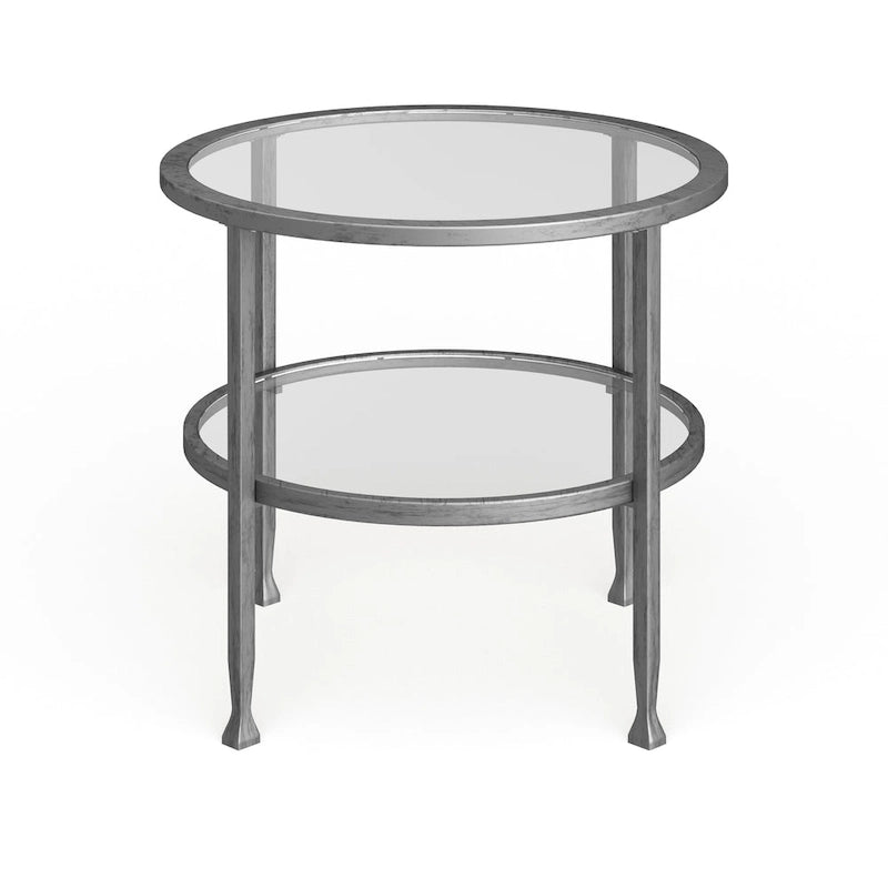 Table d'appoint ronde argentée avec étagère, plateau en verre, 1 personne