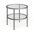Table d'appoint ronde argentée avec étagère, plateau en verre, 1 personne