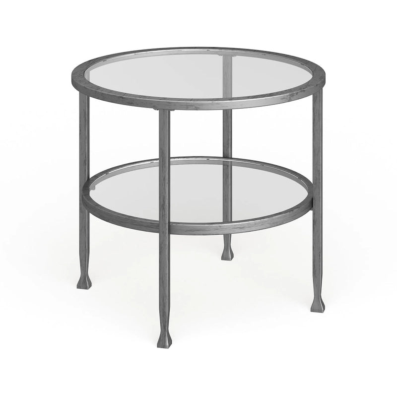 Table d'appoint ronde argentée avec étagère, plateau en verre, 1 personne