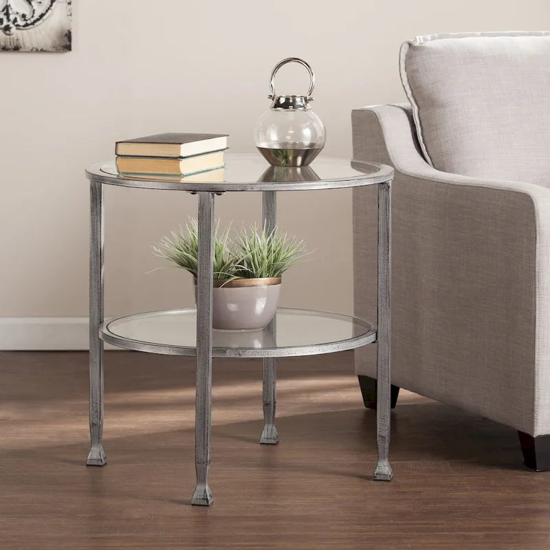 Table d'appoint ronde argentée avec étagère, plateau en verre, 1 personne