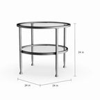 Table d'appoint ronde argentée avec étagère, plateau en verre, 1 personne