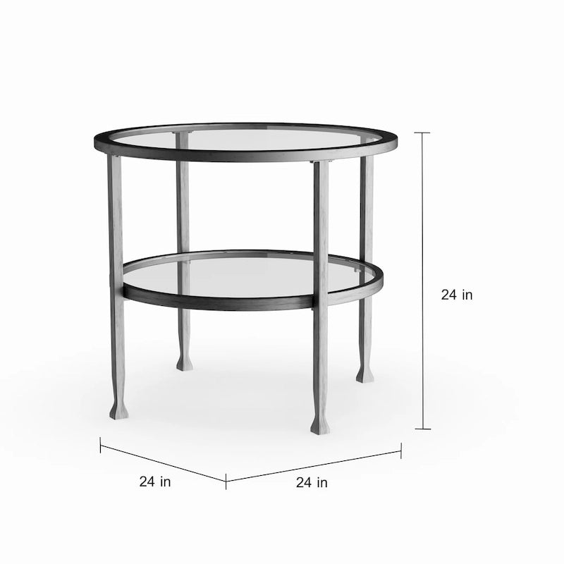 Table d'appoint ronde argentée avec étagère, plateau en verre, 1 personne