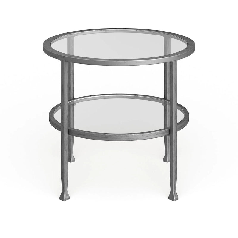 Table d'appoint ronde argentée avec étagère, plateau en verre, 1 personne