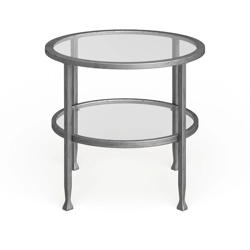 Table d'appoint ronde argentée avec étagère, plateau en verre, 1 personne