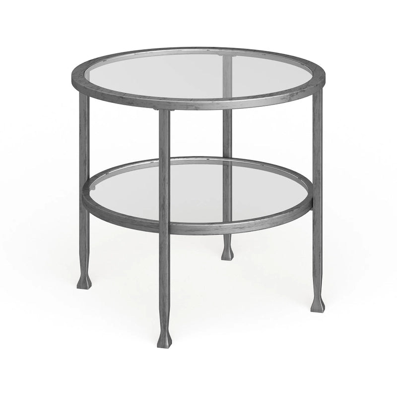Table d'appoint ronde argentée avec étagère, plateau en verre, 1 personne