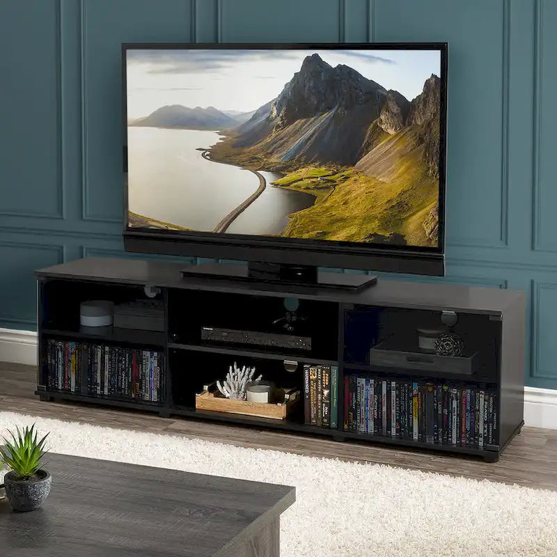 Meuble TV noir avec portes en verre trempé, Pour les téléviseurs jusqu'à 85"