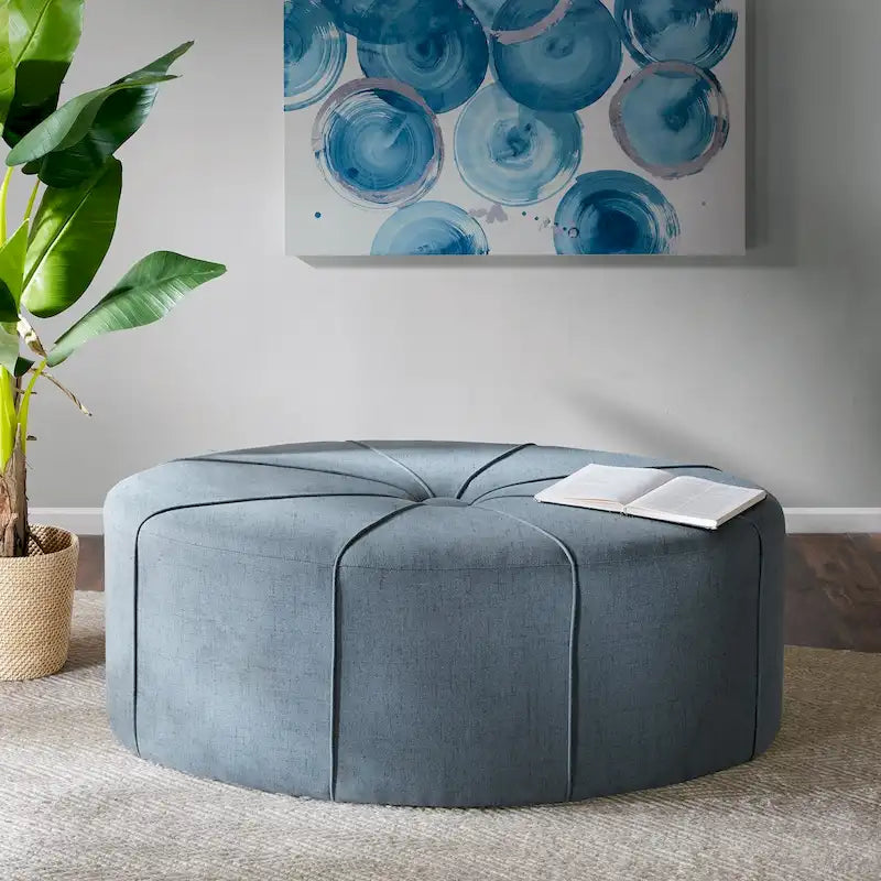 Pouffe ovale touffeté bleu / crème / gris, 1 place