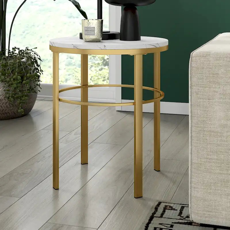 Laiton / Bronze noirci, Table d'appoint ronde avec plateau imitation marbre, 1 personne, Moderne glamour