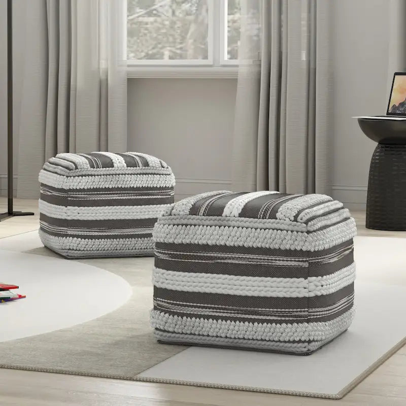 Pouf carré tressé, naturel/gris, repose-pieds 1 place et siège d'appoint