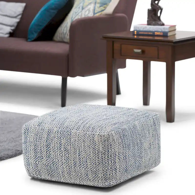 Pouf carré tissé, mélangé multicolore / bleu jean, repose-pieds et siège 1 personne