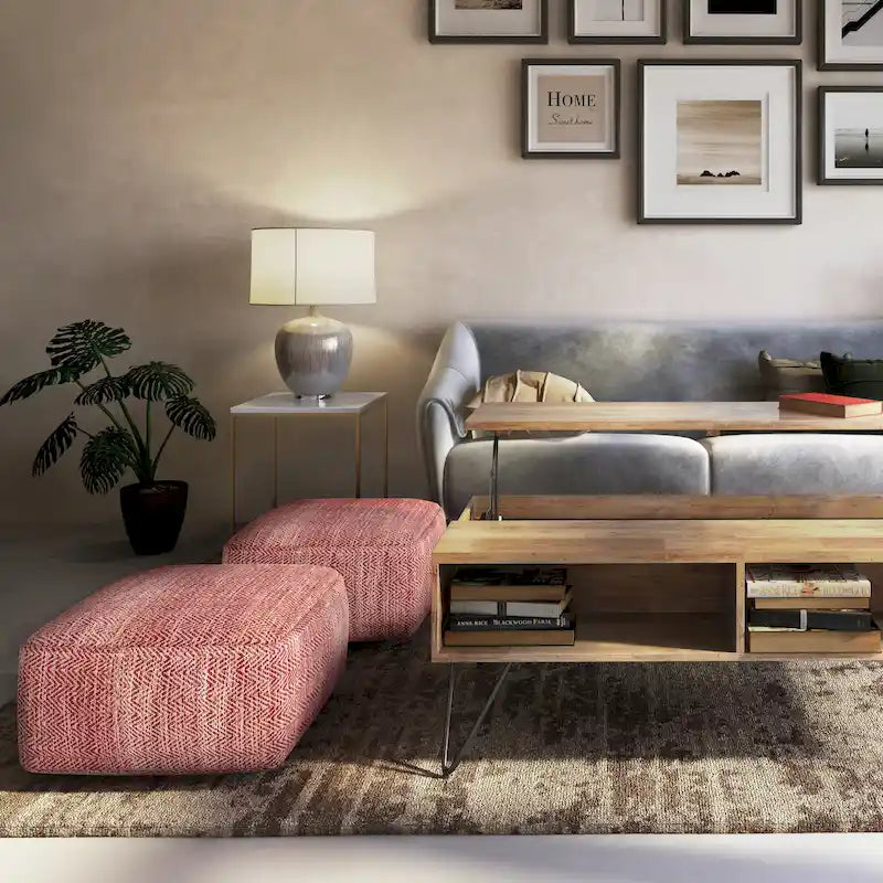 Pouf carré tissé, mélangé multicolore / bleu jean, repose-pieds et siège 1 personne