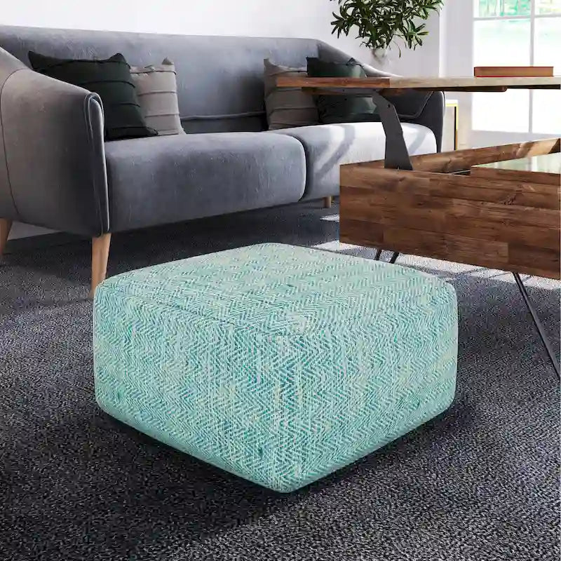 Pouf carré tissé, mélangé multicolore / bleu jean, repose-pieds et siège 1 personne