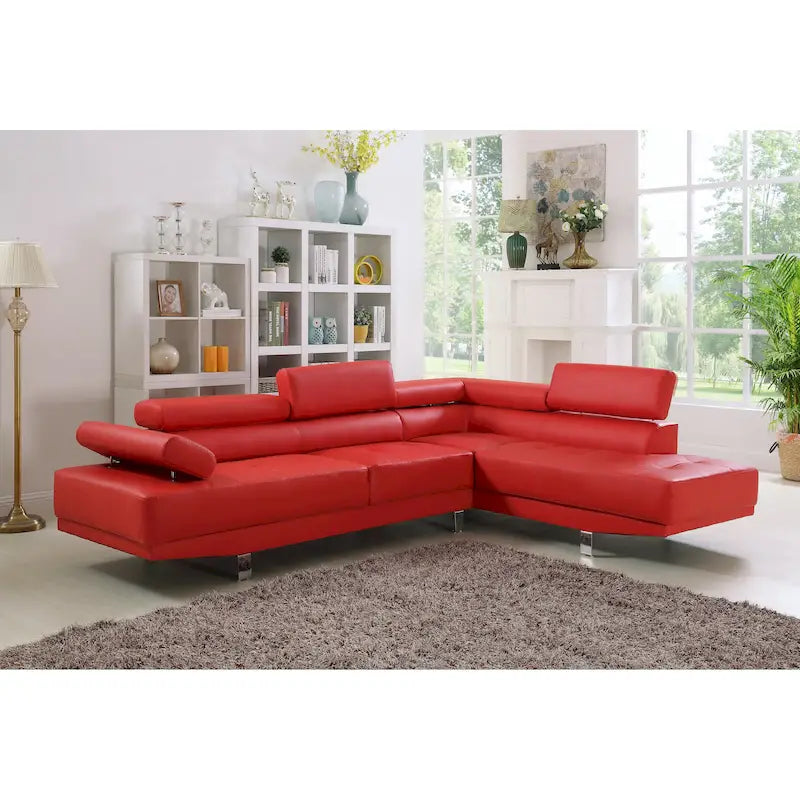 Canapé d'angle en similicuir en forme de L avec méridienne à droite, 2 places, Blanc/Rouge/Noir/Gris
