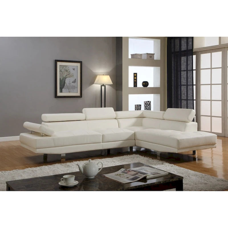 Canapé d'angle en similicuir en forme de L avec méridienne à droite, 2 places, Blanc/Rouge/Noir/Gris