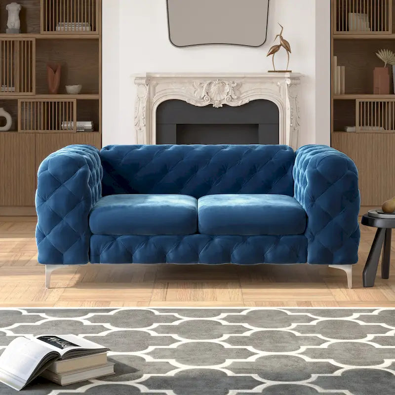 Causeuse Chesterfield en velours bleu français / gris / bleu marine / sarcelle, 2 places