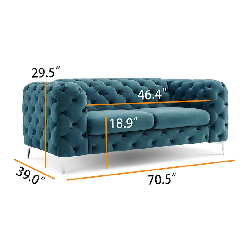 Causeuse Chesterfield en velours bleu français / gris / bleu marine / sarcelle, 2 places
