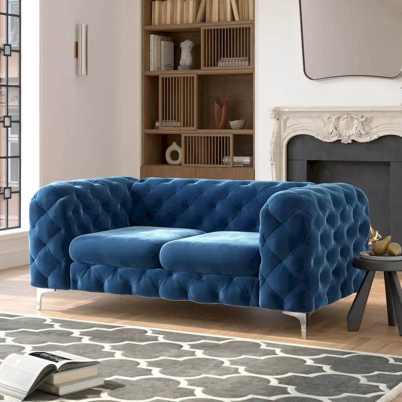 Causeuse Chesterfield en velours bleu français / gris / bleu marine / sarcelle, 2 places