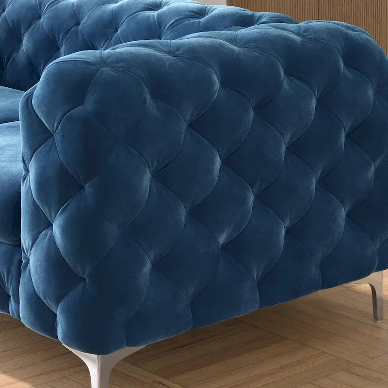 Causeuse Chesterfield en velours bleu français / gris / bleu marine / sarcelle, 2 places