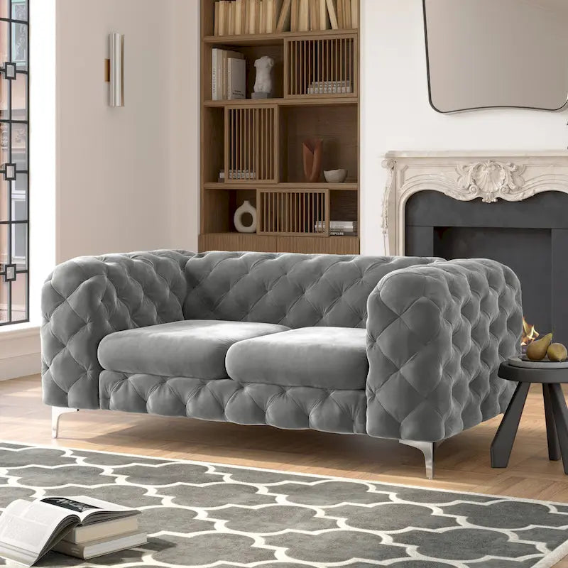 Causeuse Chesterfield en velours bleu français / gris / bleu marine / sarcelle, 2 places