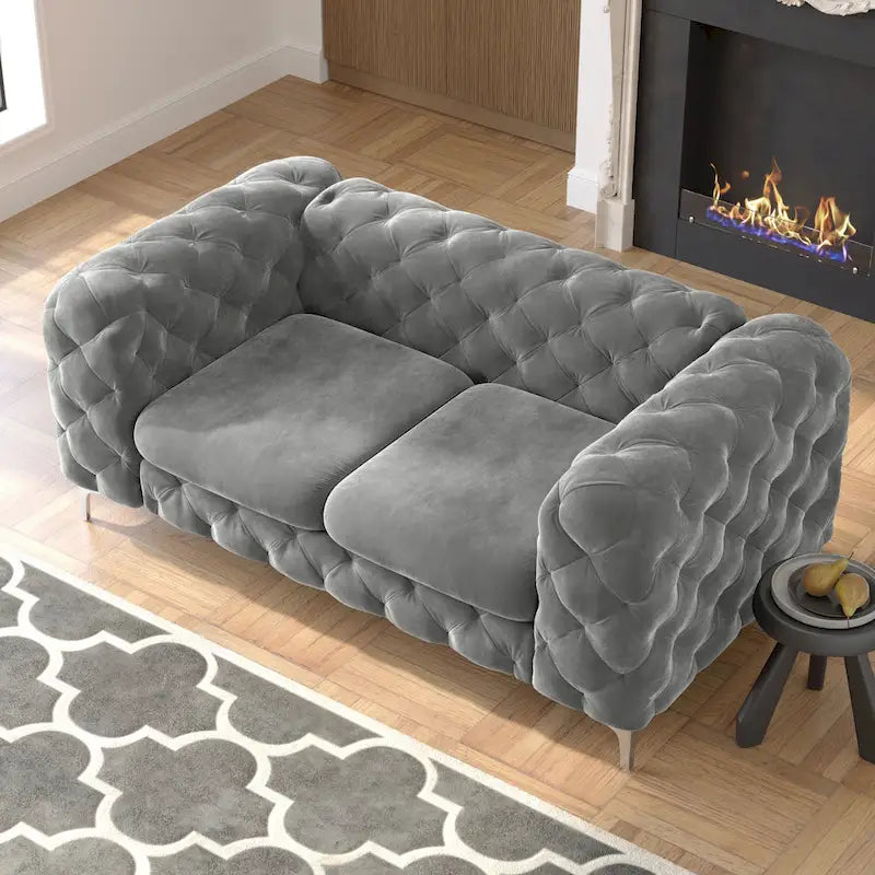 Causeuse Chesterfield en velours bleu français / gris / bleu marine / sarcelle, 2 places