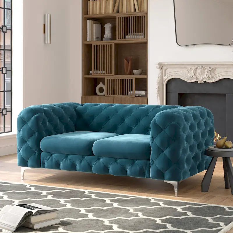 Causeuse Chesterfield en velours bleu français / gris / bleu marine / sarcelle, 2 places
