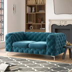 Causeuse Chesterfield en velours bleu français / gris / bleu marine / sarcelle, 2 places