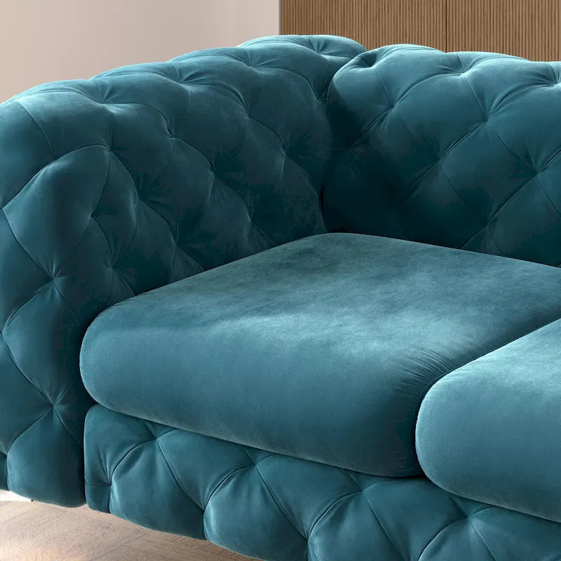 Causeuse Chesterfield en velours bleu français / gris / bleu marine / sarcelle, 2 places