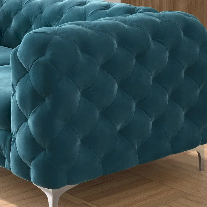 Causeuse Chesterfield en velours bleu français / gris / bleu marine / sarcelle, 2 places