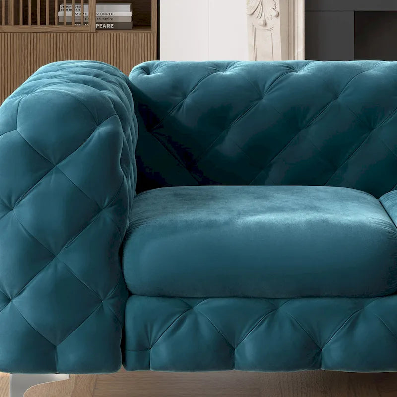 Causeuse Chesterfield en velours bleu français / gris / bleu marine / sarcelle, 2 places