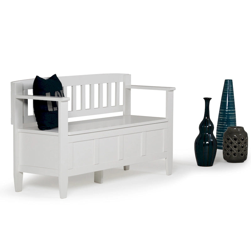Banc de rangement 2 places en bois massif multicolore avec couvercle à charnière, style contemporain