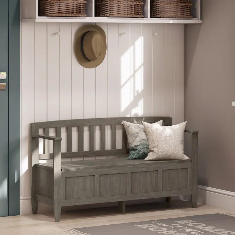 Banc de rangement 2 places en bois massif multicolore avec couvercle à charnière, style contemporain