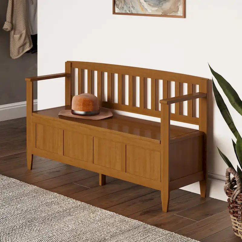 Banc de rangement 2 places en bois massif multicolore avec couvercle à charnière, style contemporain