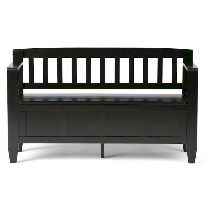 Banc de rangement 2 places en bois massif multicolore avec couvercle à charnière, style contemporain