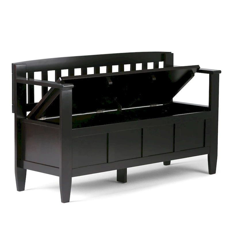 Banc de rangement 2 places en bois massif multicolore avec couvercle à charnière, style contemporain