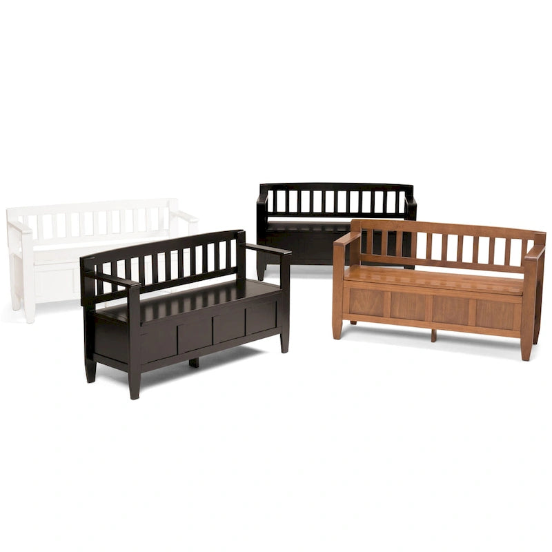 Banc de rangement 2 places en bois massif multicolore avec couvercle à charnière, style contemporain