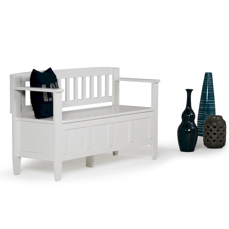 Banc de rangement 2 places en bois massif multicolore avec couvercle à charnière, style contemporain
