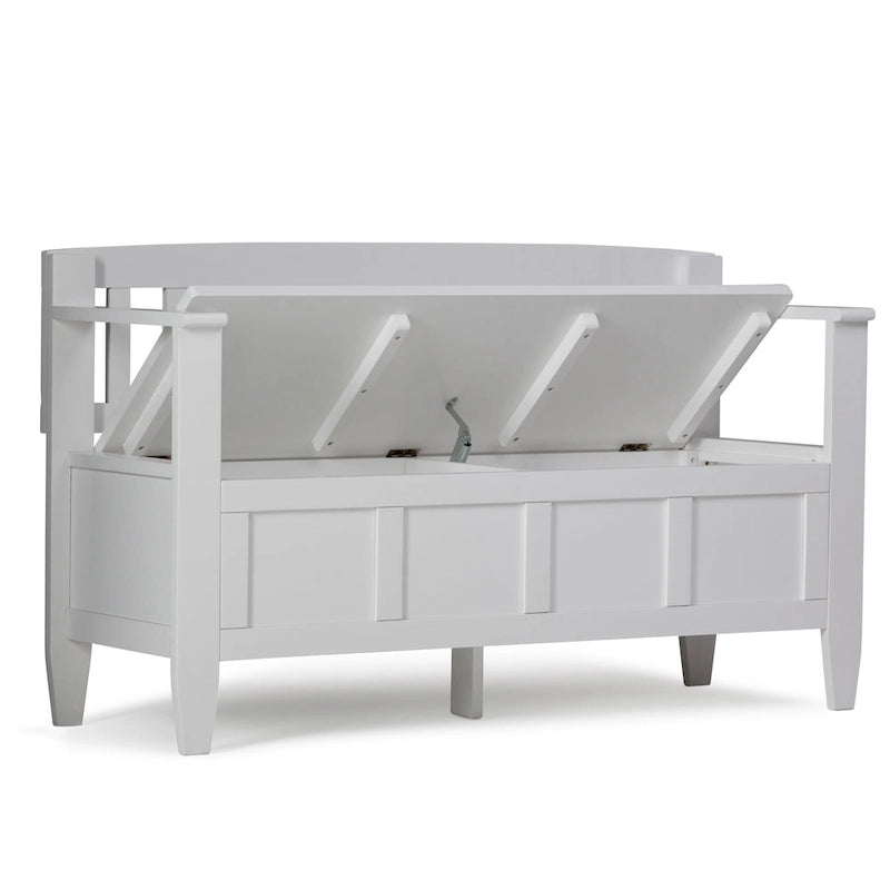 Banc de rangement 2 places en bois massif multicolore avec couvercle à charnière, style contemporain