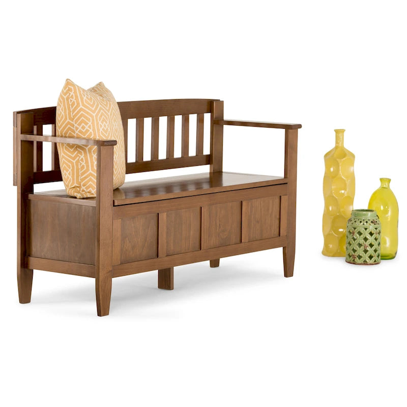 Banc de rangement 2 places en bois massif multicolore avec couvercle à charnière, style contemporain