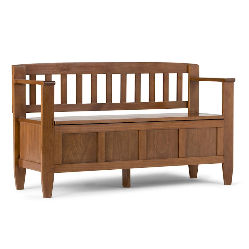 Banc de rangement 2 places en bois massif multicolore avec couvercle à charnière, style contemporain