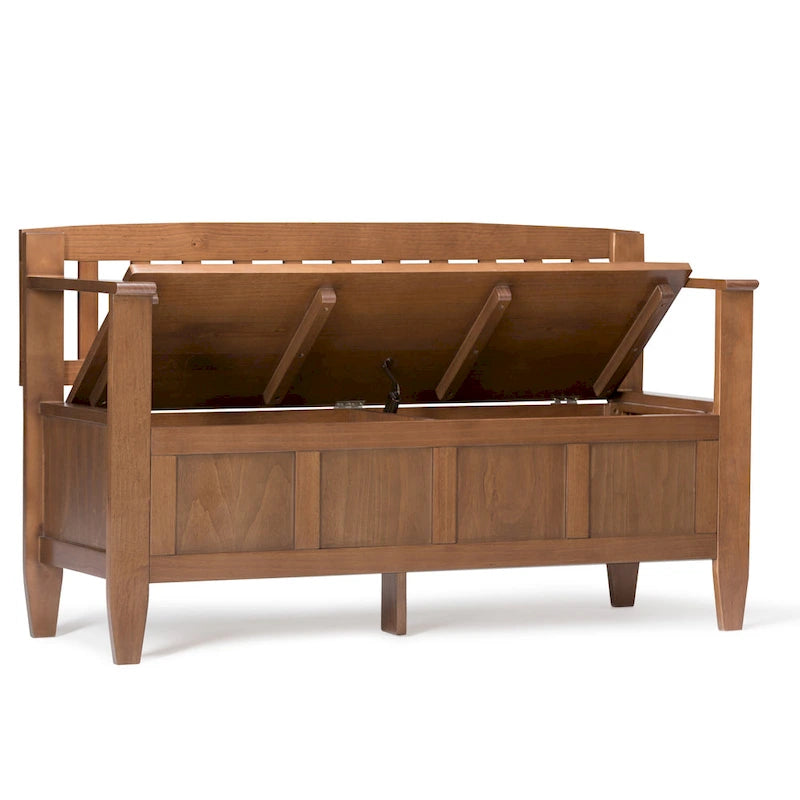 Banc de rangement 2 places en bois massif multicolore avec couvercle à charnière, style contemporain