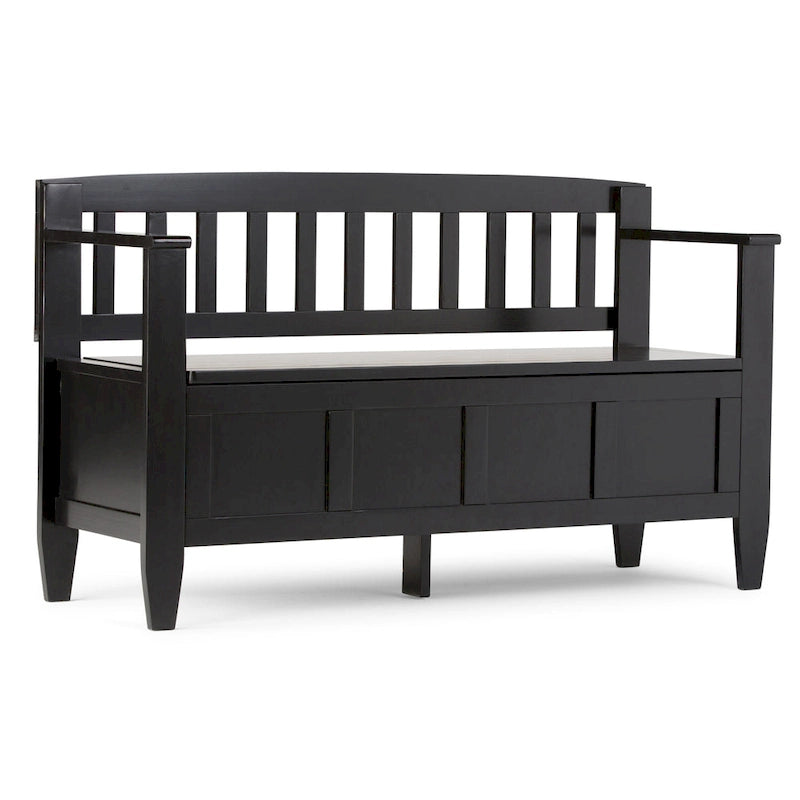 Banc de rangement 2 places en bois massif multicolore avec couvercle à charnière, style contemporain