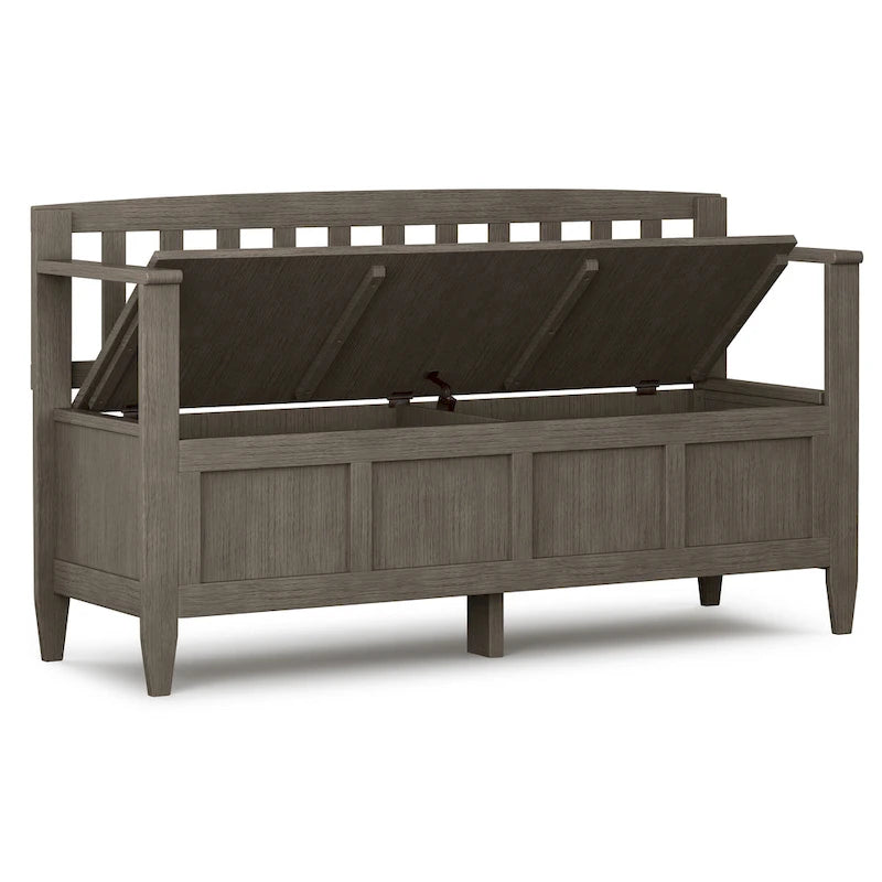 Banc de rangement 2 places en bois massif multicolore avec couvercle à charnière, style contemporain