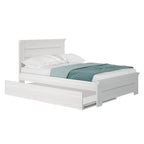 Lit double en bois flotté et blanchi avec tête de lit à panneaux + lit gigogne, 2 couchages