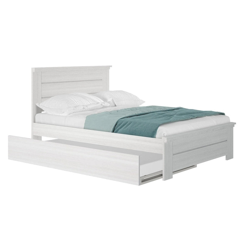 Lit double en bois flotté et blanchi avec tête de lit à panneaux + lit gigogne, 2 couchages