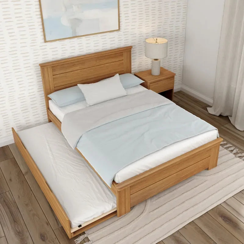 Lit double en bois flotté et blanchi avec tête de lit à panneaux + lit gigogne, 2 couchages