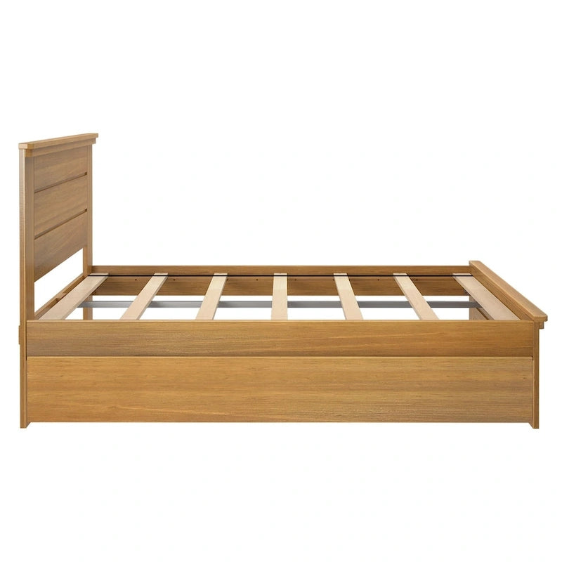 Lit double en bois flotté et blanchi avec tête de lit à panneaux + lit gigogne, 2 couchages