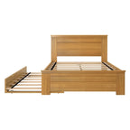 Lit double en bois flotté et blanchi avec tête de lit à panneaux + lit gigogne, 2 couchages