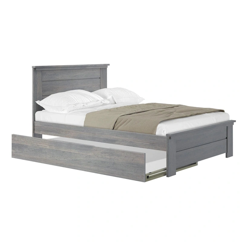 Lit double en bois flotté et blanchi avec tête de lit à panneaux + lit gigogne, 2 couchages