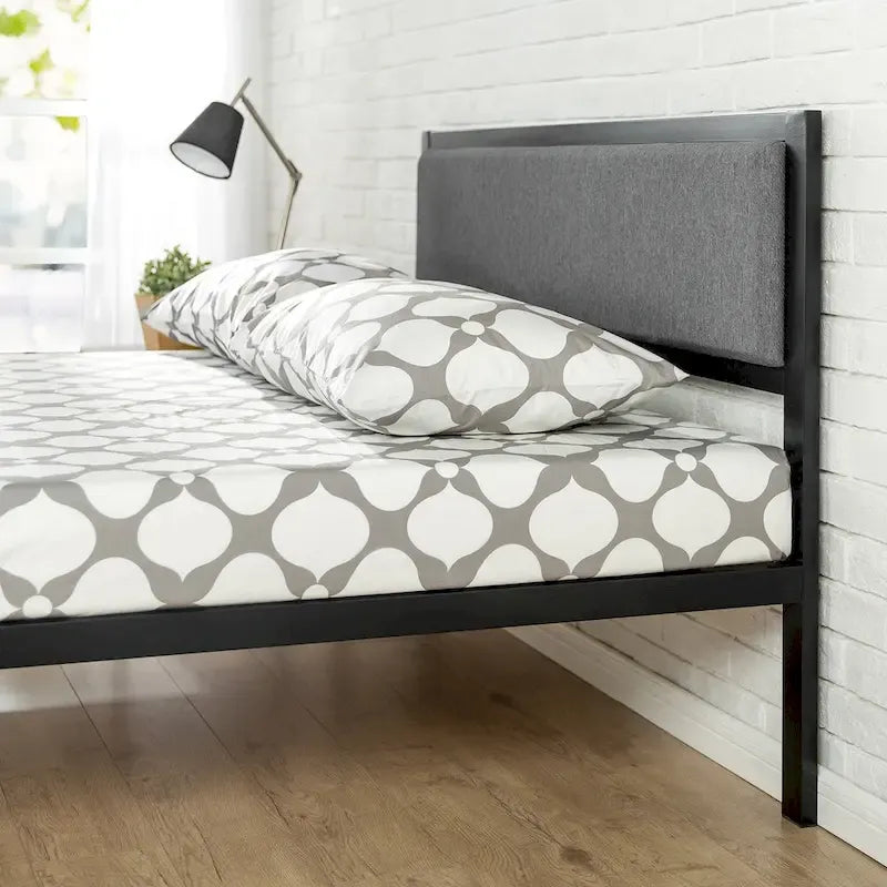 Cadre de lit plateforme en acier noir avec tête de lit en tissu gris, 1 personne