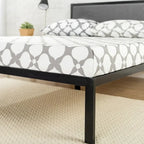 Cadre de lit plateforme en acier noir avec tête de lit en tissu gris, 1 personne